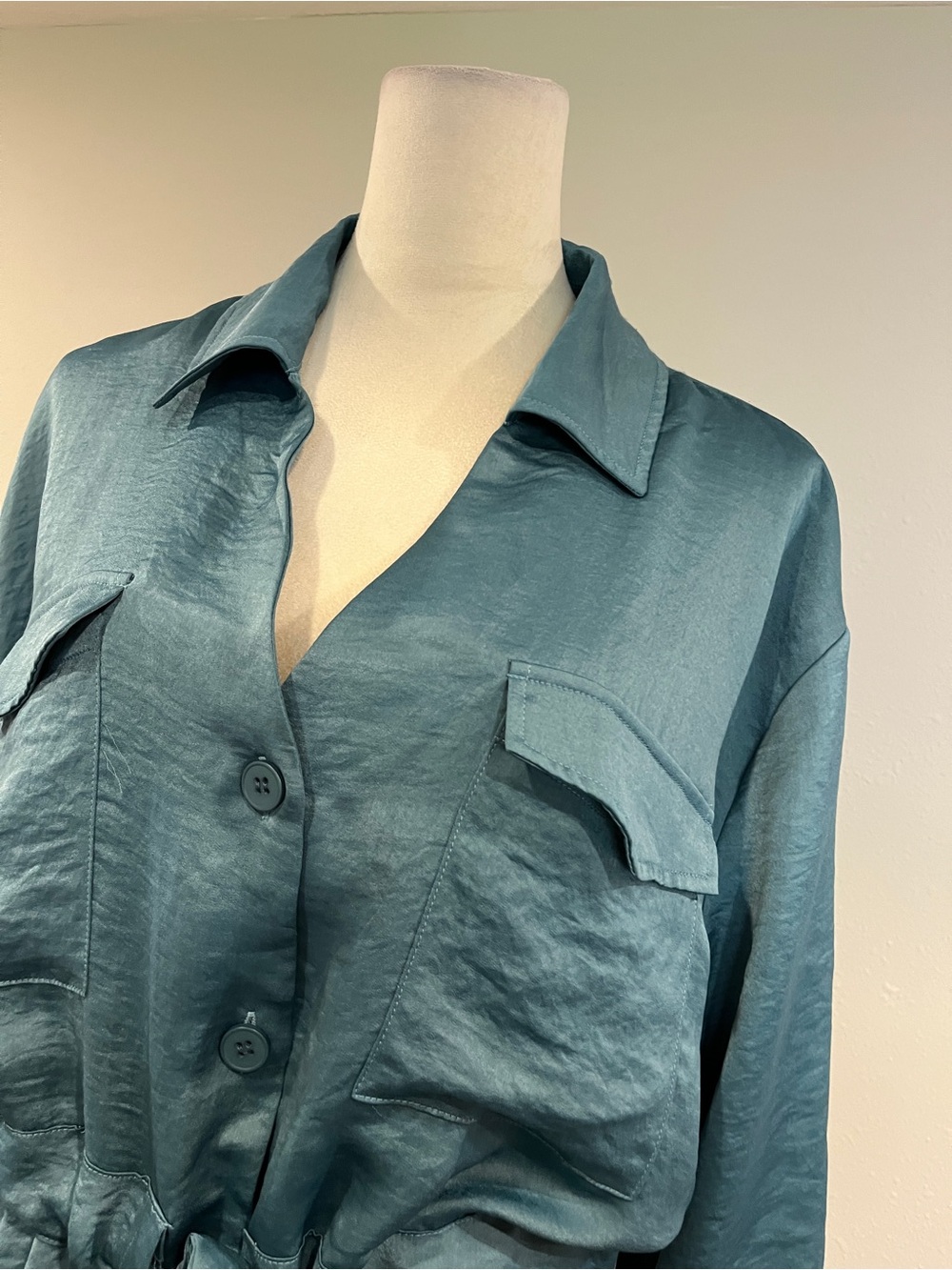 Teal long sleeves Button down Shirt Dress with Tie Waist size large - Picture 2 of 11